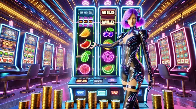 Layar video slot dengan simbol khusus dan efek bonus